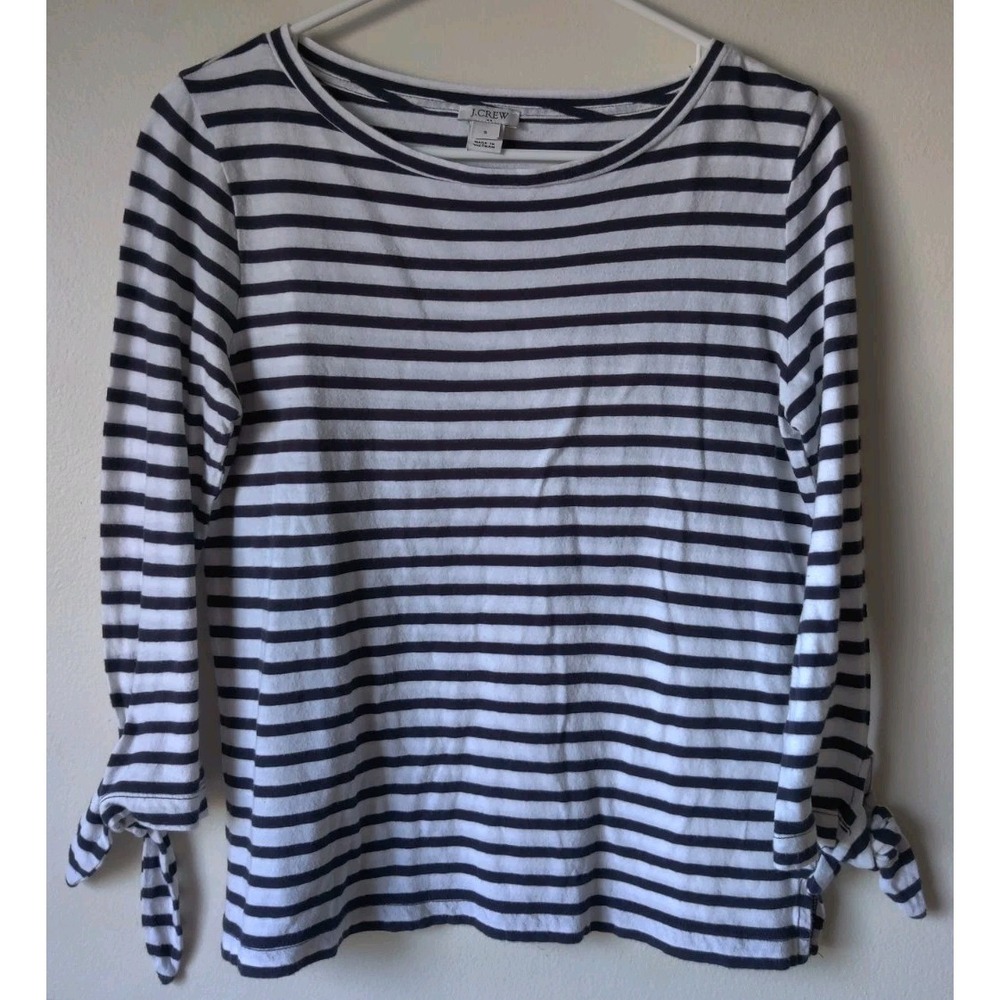 J. Crew Women's Black/White Striped 3/4 Sleeve Tee Unique Wrist Ties Cotton Sz S
